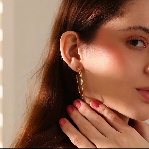 18K Gold Earrings Minimalist Hoops Stainless Steel - Picture 5 of 7